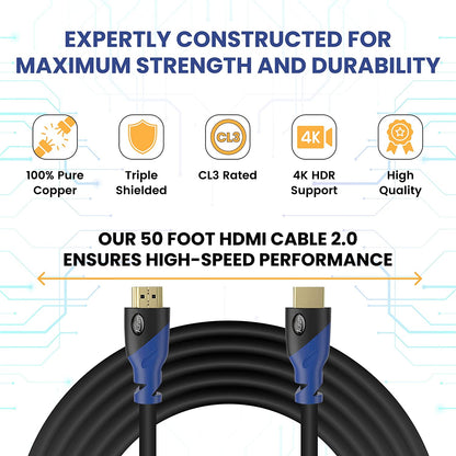 4K HDMI Cable 50Ft Long, 4K@60Hz High Speed HDMI Cord with Ethernet, Supports UHD Resolution, ARC, 3D, CL3 Certified - Compatible with HDTV, PC, Laptop, PS3, Xbox, Blu-Ray